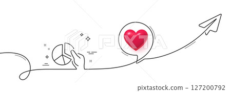 Pie chart line icon. Continuous line with share plane. Presentation graph sign. Market analytics symbol. 3d heart in speech bubble. Pie chart single line ribbon. Loop curve pattern. Vector 127200792
