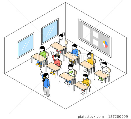 教室裡上課的人的等距插圖 向量圖形 127200999