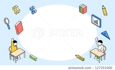 A frame with an illustration of an elementary school student and his study tools 127201000