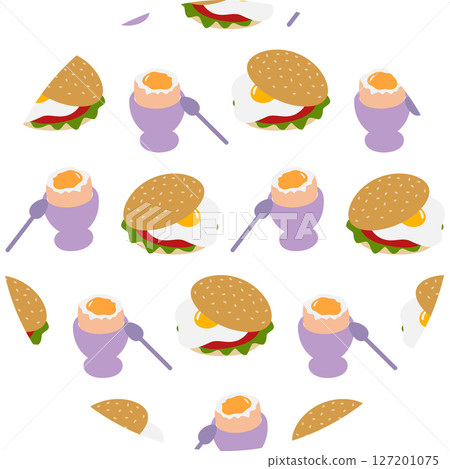 Hand drawn Soft egg in Egg bawl and Sandwich with Fried Egg Seamless Pattern on circle Background Hand drawn Soft egg in Egg bawl and Sandwich with Fried Egg Seamless Pattern on circle Background 127201075