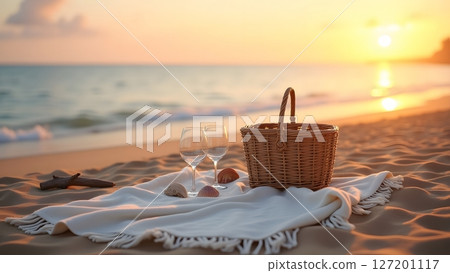Minimal Sunset Beach Picnic with Blanket, Basket and Wine Glasses 127201117