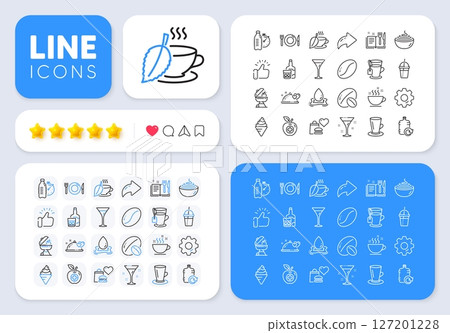 Coffee cup, Food and Recipe book line icons for web app. Message, Share, Like social media icons. Pack of Food donation, Whiskey glass, Romantic dinner pictogram icons. Vector Coffee cup, Food and Recipe book line icons for web app. Message, Share, Like social media icons. Pack of Food donation, Whiskey glass, Romantic dinner pictogram icons. Vector 127201228