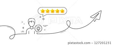User line icon. Continuous line with share plane. Profile with Lamp bulb sign. Male Person silhouette with idea symbol. Five star rate review in speech bubble. Person idea single line ribbon. Vector User line icon. Continuous line with share plane. Profile with Lamp bulb sign. Male Person silhouette with idea symbol. Five star rate review in speech bubble. Person idea single line ribbon. Vector 127201231