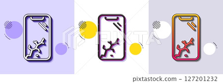 Smartphone broken line icon. Halftone dotted pattern. Gradient icon with grain shadow. Phone crash sign. Mobile device crack symbol. Line smartphone broken icon. Various designs. Vector 127201232
