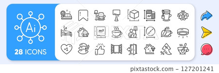 Sleep, Pillow and Floor lamp line icons. Interest rate, AI generate, Inflation icons. Pack of Furniture moving, Open door, Table lamp icon. Vector 127201241