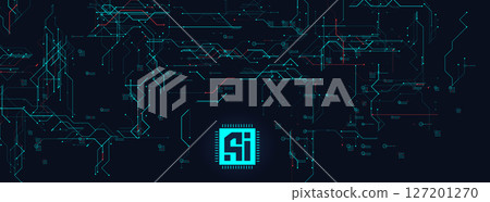 Futuristic AI chip on digital motherboard. Abstract cyberpunk circuit, glowing schematic layout, high-tech system interface. Ideal for tech, software, or machine learning themes. Vector illustration Futuristic AI chip on digital motherboard. Abstract cyberpunk circuit, glowing schematic layout, high-tech system interface. Ideal for tech, software, or machine learning themes. Vector illustration 127201270