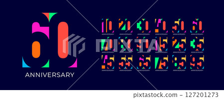 Colorful vibrant birthday anniversary jubilee numbers for celebration. Bright pop style for youth events, digital party branding, milestone years. Bold geometric flat vector illustration 127201273