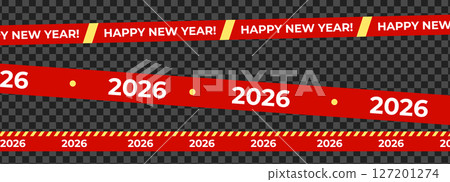 2026 New Year Tape Banner, Red Warning Lines, Diagonal Crossing Stripes for Celebrate Promo, Party Banners, Packaging and Decor. Isolated vector illustration 2026 New Year Tape Banner, Red Warning Lines, Diagonal Crossing Stripes for Celebrate Promo, Party Banners, Packaging and Decor. Isolated vector illustration 127201274