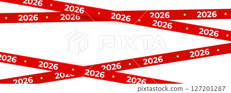 Red barrier tape with year 2026 repeated across lines, evoking warning, restriction, urgency. Symbolic visual for future events, deadlines, boundaries. Minimal flat vector illustration 127201287