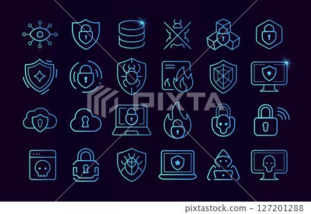 Cyber security blue icon set. Safety digital system computer network. Data attack protect symbols, firewall signs. Line lock and shield. Safe privacy information logo. Vector illustration Cyber security blue icon set. Safety digital system computer network. Data attack protect symbols, firewall signs. Line lock and shield. Safe privacy information logo. Vector illustration 127201288