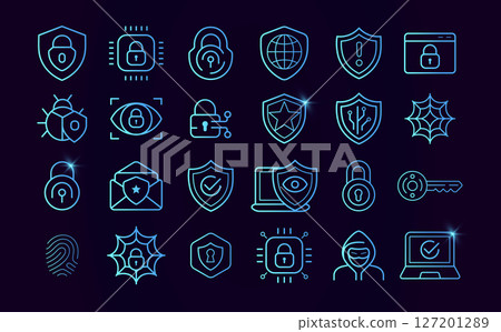 Cyber security icons. Safety digital system computer network. Data attack protect symbols, firewall signs. Line lock and shield. Safe privacy information logo. Vector illustration 127201289