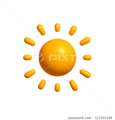 Glossy 3D Sun Icon with Rounded Rays on White Background. Perfect for Summer, Weather Apps, or Bright UI Elements. Vector Illustration. 127201296