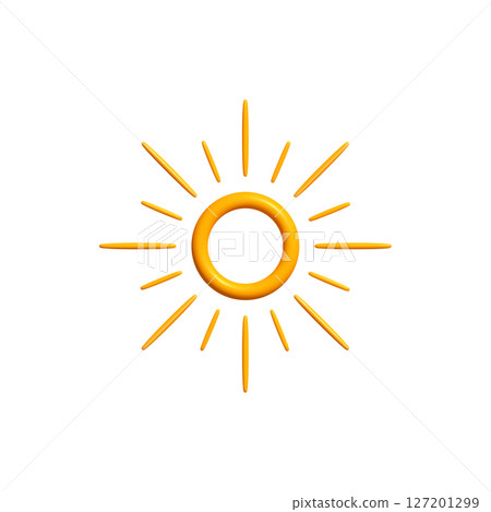 Bright Sunny 3D Sun Icon with Ring Center and Radiant Rays, Isolated on White. Happy Childish Logo for Vacation, Warm Climate, or Solar Panel Concepts. Vector Illustration. 127201299