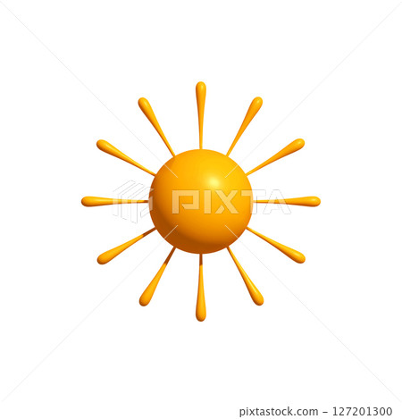 Bright Sunny 3D Sun Icon with Long Droplet Rays, Isolated on White. Happy Childish Logo for Vacation, Summer Fun, or Renewable Solar Energy Projects. Vector Illustration. Bright Sunny 3D Sun Icon with Long Droplet Rays, Isolated on White. Happy Childish Logo for Vacation, Summer Fun, or Renewable Solar Energy Projects. Vector Illustration. 127201300