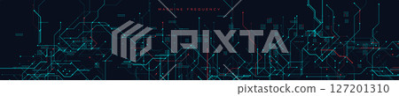 Machine Frequency Circuit Background With Futuristic Red and Blue Lines. High-tech network map with glowing connections and schematic patterns on dark background. Vector Illustration. 127201310
