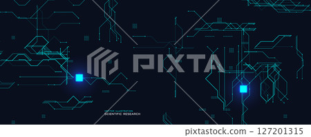 Scientific Circuit Board With Glowing Chips. Dark tech background with two bright microprocessors. Ideal for research, AI, and innovation themes. Futuristic lines structure. Vector illustration. 127201315