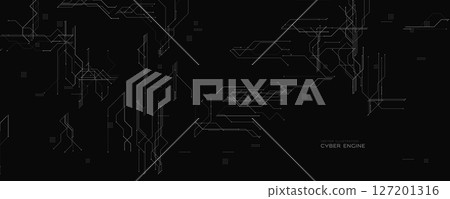 Cyber Engine Background With Dark Circuit Grid. Black tech layout with fine digital lines. Ideal for cyber themes, security, and futuristic UI. Elegant modern structure BG. Vector illustration. 127201316