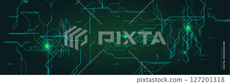 Futuristic digital background with glowing lines and circuit elements. Ideal for technology, data, and cybersecurity themes. Hightech style with green light abstract design. Vector illustration 127201318