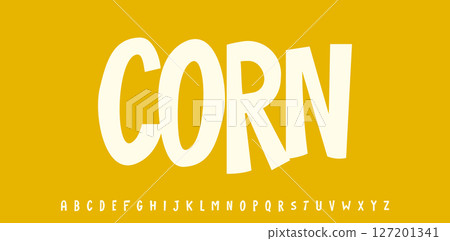 Summer Corn Grain, joyful lettering, cartoon funny typography. Childish font for friendly logo headline of culinary recipe book, sweets, ice cream title. Food typographic design. Vector typeset. Summer Corn Grain, joyful lettering, cartoon funny typography. Childish font for friendly logo headline of culinary recipe book, sweets, ice cream title. Food typographic design. Vector typeset. 127201341