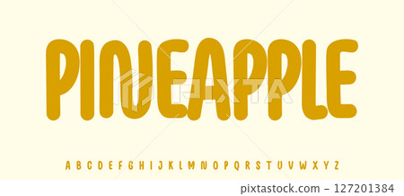 Summer multiple fruit, Pineapple lettering, cartoon joyful alphabet, rounded playful font for fresh product headline, friendly logo. Childish typographic design. Packaging typography. Vector typeset Summer multiple fruit, Pineapple lettering, cartoon joyful alphabet, rounded playful font for fresh product headline, friendly logo. Childish typographic design. Packaging typography. Vector typeset 127201384
