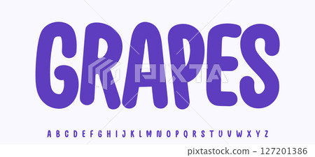 Summer Grapes lettering, cartoon joyful colored alphabet, rounded playful font for bright kid fresh product headline, friendly logo. Childish typographic design. Packaging typography. Vector typeset 127201386