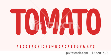 Summer tomato lettering, cartoon joyful colored alphabet, rounded playful font for bright kid fresh product headline, friendly logo. Childish typographic design. Packaging typography. Vector typeset Summer tomato lettering, cartoon joyful colored alphabet, rounded playful font for bright kid fresh product headline, friendly logo. Childish typographic design. Packaging typography. Vector typeset 127201408