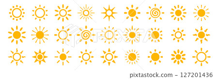 Sun icon set. Summer day logo. Sunny weather signs in warm yellow color. Hope symbol. Solar energy label. Beach vibe logotype. Vector illustration 127201436