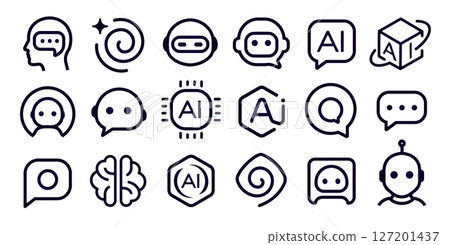 AI Chatbot icons set, smart assistant, linear Brain, Minimal Chip sign, Speech stylised emblem. Robot head logo. Tech symbols in outline style for UI, apps, software. Vector illustration 127201437