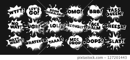 Comic meme pop speech bubbles in black and white. Funny viral exclamations and retro slang text for social media, jokes, fashion, poster or sticker use. Vector illustration. 127201443