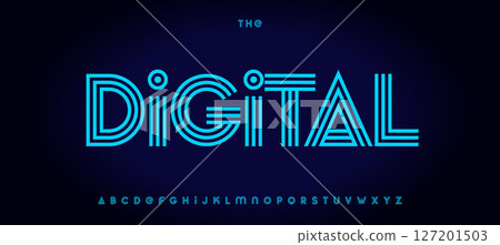 Digital stripes alphabet, layered contour techno font, retro-futuristic typeface for tech, sport, fintech, robotic logo and headline. Virtual UI typography, sci-fi typographic design. Vector typeset 127201503