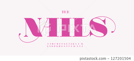 Feminine luxurious fashion alphabet, modern elegant serif font, glam curl font for beauty branding, glamorous headline, boutique typographic design, stylish salon identity. Vector typeset. 127201504