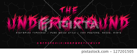 Devilish horror alphabet, scratched creepy font, wild punk typeface for spooky branding, Halloween headline style, zombie riot typography, rebellious typographic design. Vector typeset. 127201505