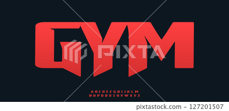 Strength gym font, bold sharp alphabet, powerful typeface for fitness branding, modern sport logo, impactful headline, athletic graphic typography, urban power typographic design. Vector typeset. 127201507