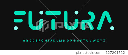 Futuristic rounded cutout alphabet, minimalistic geometric dotted font, soft tech typeface for digital branding, cyber headline style, AI interface typography, electronic UI design. Vector typeset. 127201512