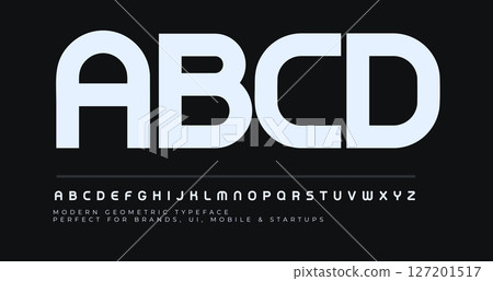 Bold bauhaus alphabet, clean geometric font, minimal tech typeface for digital branding, clarity headline, UI typography, premium startup typographic design. Vector typeset. 127201517