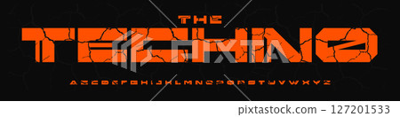 Wide cracked alphabet, broken block geometric font for dystopian style branding, cyberpunk glitch headline, industrial techno verse typography. Vector typeset. 127201533
