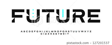 Wide futuristic sans font with bold geometric cutouts, minimal sci-fi styling, sharp digital letters for tech branding, AI interfaces, cyberpunk UI, modern logos, clean displays, secure design visual. 127201537