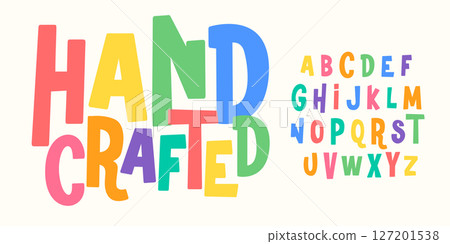 Colorful playful childish alphabet, quirky kids letters, bold funny handcrafted font for joyful branding, fun headline, educational typography, creative cute jolly typographic design. Vector typeset Colorful playful childish alphabet, quirky kids letters, bold funny handcrafted font for joyful branding, fun headline, educational typography, creative cute jolly typographic design. Vector typeset 127201538