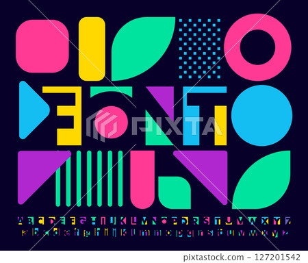 Colorful abstract alphabet, bold playful letters, geometric modular font with vibrant display feel, creative logo branding, modern poster headline, artistic typographic identity. Vector typeset Colorful abstract alphabet, bold playful letters, geometric modular font with vibrant display feel, creative logo branding, modern poster headline, artistic typographic identity. Vector typeset 127201542