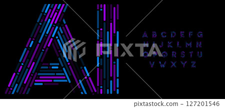 Digital Futuristic Alphabet, Abstract Linear Font with Neon Glowing Strokes for AI Tech Startup Logo, Artificial Intelligence Data Science, Machine Learning and Cyber Security. Vector Typeset. 127201546