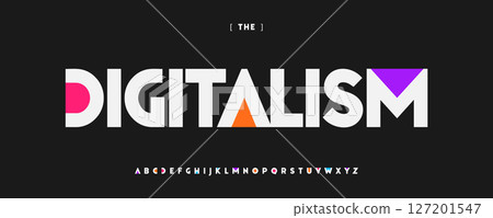 Bold Digital Font, Colorful Alphabet With Geometric Shapes and Vibrant Colors. Typeface for Tech Logo, Creative Poster Headline, Modern Branding, Eye-Catching Typographic Design. Vector Typeset 127201547
