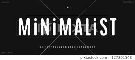 Minimal rounded alphabet, modern smooth tall font with clean geometry. Soft geometric typeset for fashion logo branding, UI design, bright headline, modern typography project. Vector typeset. 127201548
