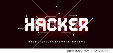 Futuristic Hacker Font Design With Glowing Red Cyber Elements, Digital Alphabet Style Perfect for Tech Themes and Coding Projects. Vector Illustration. 127201550