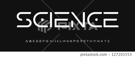 Futuristic cyber logo alphabet, AI science typographic design, geometric techno font with digital smart feel for circuit branding, secure UI headline, modern tech identity. Vector typeset. 127201553