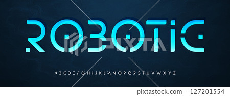 Robotic cyber font, futuristic techno alphabet, geometric sci-fi typeface with digital gaming feel, AI logo branding, space-themed headline, modern virtual identity. Vector typeset. 127201554