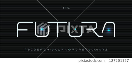 Robotic techno alphabet, sleek scifi geometric font with neon dots, minimal digital letters for cyberpunk logo and headline, modern space-age and science tech typography. Vector typeset Robotic techno alphabet, sleek scifi geometric font with neon dots, minimal digital letters for cyberpunk logo and headline, modern space-age and science tech typography. Vector typeset 127201557