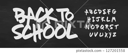 Back-to-school graffiti script, handwritten chalk alphabet, bold lettering on classroom chalkboard. Quick brush calligraphic style, urban headline typo. Vector typeset. Back-to-school graffiti script, handwritten chalk alphabet, bold lettering on classroom chalkboard. Quick brush calligraphic style, urban headline typo. Vector typeset. 127201558