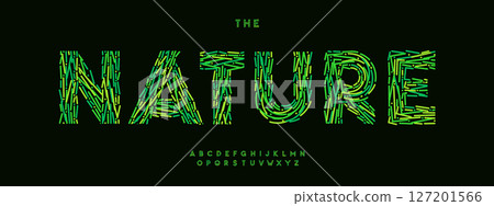 Green nature alphabet, bold sans serif letters, abstract eco font for fresh organic branding, natural headline, environmental typography, farming typographic design. Vector typeset. Green nature alphabet, bold sans serif letters, abstract eco font for fresh organic branding, natural headline, environmental typography, farming typographic design. Vector typeset. 127201566