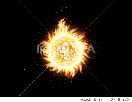 Fiery solar sphere with fire flames for global warming topic, weather alerts, wildfires, solar activity and climate impact. Vector illustration. 127201570