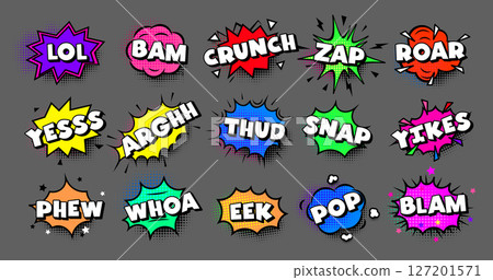 Comic sound effects LOL BAM CRUNCH ZAP in retro pop art style. Colorful expressions for memes, humor, games, kids design, dynamic punchlines. Vector illustration. 127201571
